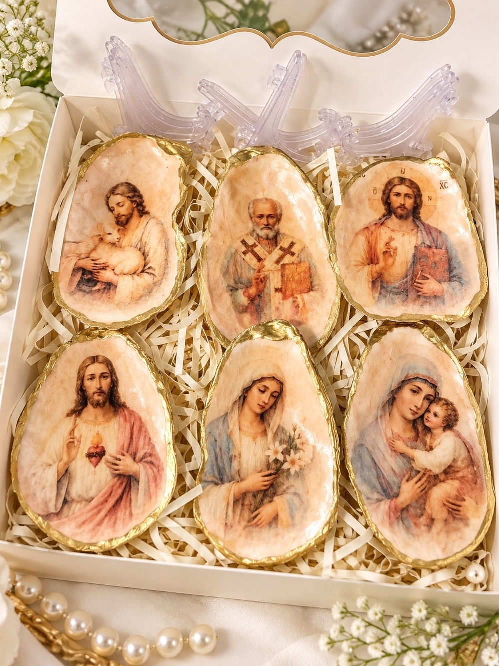 Catholic Religious Oyster Shell Gift Set, Jesus Virgin Mary Saint Nicholas